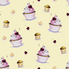Сupcakes on a colored background, cupcakes with cherries, cream, tasty image, paternes.