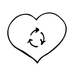 Recycle sign inside the heart icon isolated on a white background. Vector simple illustration in the doodle style. Eco icon