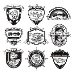 Monochrome emblems for seafood restaurant vector illustration set. Vintage logotypes with fish or squid. Ocean wildlife and marine products concept can be used for stickers and badges
