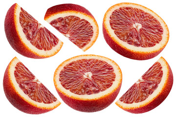 Sicilian orange. Red blood orange fruit slices isolated on white background, collection