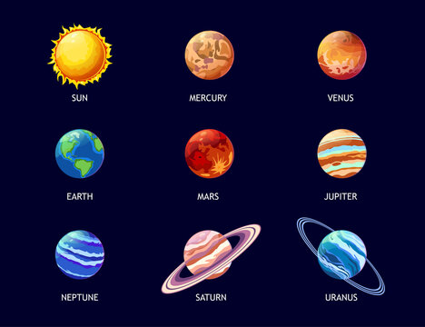Colorful planets of solar system flat pictures set for web design. Cartoon Jupiter, Mars, Venus, Earth, Neptune, Mercury and sun isolated vector illustrations. Galaxy and astronomy concept