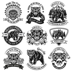 Vintage badges with grizzly bear vector illustration set. Monochrome labels with dangerous forest predator. Wildlife and animals concept can be used for retro template
