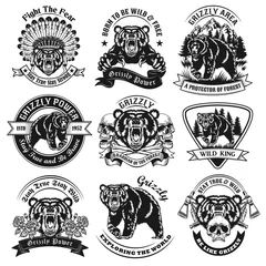 Foto op Aluminium Vintage badges with grizzly bear vector illustration set. Monochrome labels with dangerous forest predator. Wildlife and animals concept can be used for retro template © Bro Vector
