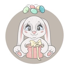 illustration of easter bunny with gift and colorful eggs, cartoon character isolated on white background
