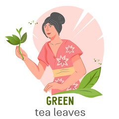 Emblem or banner backdrop for green tea pack or tea shop with woman in oriental clothing holding fresh leaves, flat vector isolated on white background.