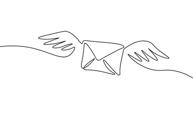 One line paper envelope. Black and white monochrome continuous single line art. Email message post letter send illustration sketch outline drawing