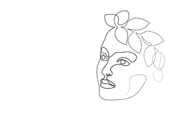 Continuous one single line art girl face concept. Beautiful woman portrait fashion hair hand drawn sketch. Beauty happy smiling young lady side head black white monochrome vector illustration