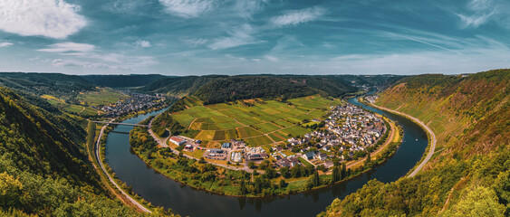 Moselle loop near Bruttig-Fankel and the wine village of Ernst. Panoramic view of the Moselle...