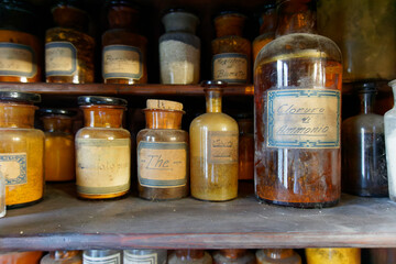 A bottle of poison on a background of old medical, chemistry and pharmacy glass. Chemistry and...