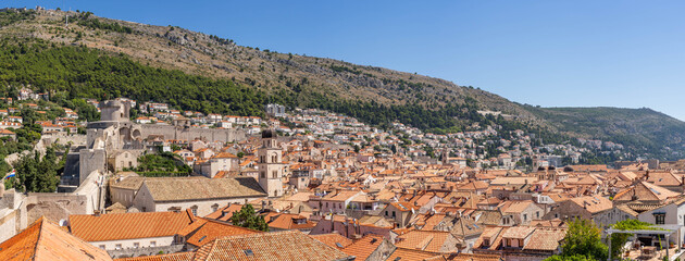 Fototapeta premium Panorama view of skyline of old town Dubrovnik red brick roof in Croatia summer