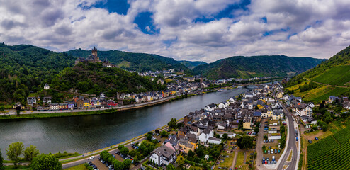 Panorama of Cochem with the Reichsburg Cochem, Germany. Drone photography. .Created from several images to create a panorama image .