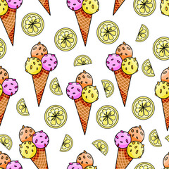 Vector seamless pattern with hand drawn ice cream and lemon slices. Beautiful design elements, perfect for prints and patterns