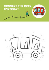 Connect the dots and color. Tiny red bus. Vector EPS 10