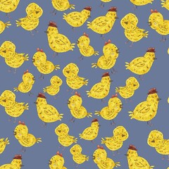 Cheerful chickens. Seamless pattern. Cute illustration for the decor and design of posters, postcards, prints, stickers, invitations, textiles and stationery.
