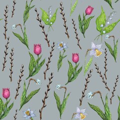 Seamless pattern. Spring flowers and plants. Illustration for the decor and design of posters, postcards, prints, stickers, invitations, textiles and stationery.
