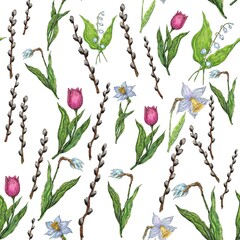 Seamless pattern. Spring flowers and plants. Illustration for the decor and design of posters, postcards, prints, stickers, invitations, textiles and stationery.