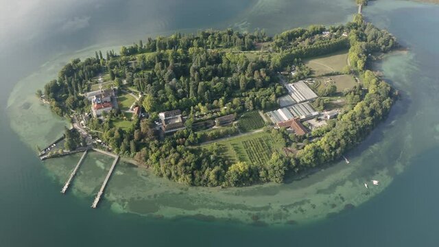 Aerial view of the beautiful little island of Mainau on Lake Constance near the small city of Konstanz, Germany.