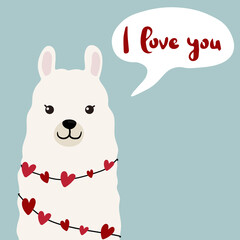 Cute llama illustration on blue background with hearts in cartoon flat style. Alpaca in love vector illustration for prints, textile, greeting cards, posters etc. Vector illustration