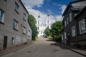 Fototapeta na wymiar The Catholic church in Ludza, up the hill, Latvia