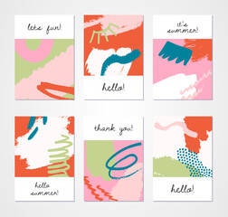 Set of abstract backgrounds. Hand drawn design for flyer print and web. Pastel and bright colors. Vector illustration.