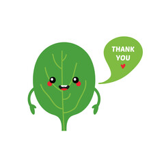 Cute cartoon style smiling green spinach leaf character smiling and saying thank you.