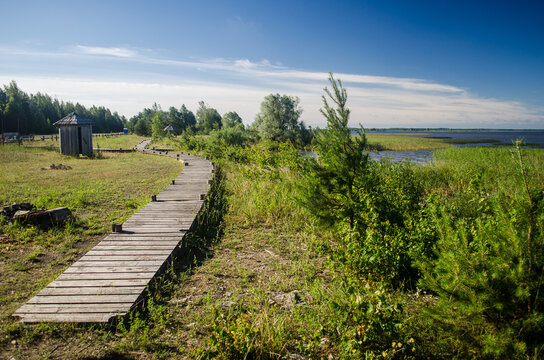 Wooden path by the lake Lubans, the biggest lake in Latvia.