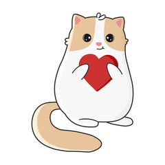 Cute cat with heart in cartoon style. Vector illustration isolated on white background. Print for t-shirts, stickers,  design and more.