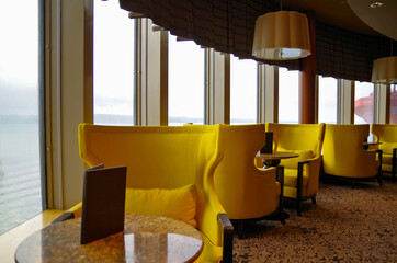 Italian style coffee shop cafe lounge bar onboard luxury cruiseship or cruise ship liner in classic...