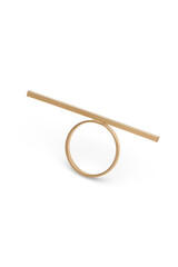 Subject shot of laconic golden ring decorated with straight long rod. The edgy geometric ring is isolated on the white background.