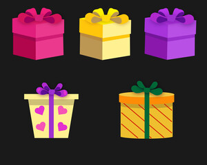 Present boxes set, flat and isometric, with bows, hearts and stripes. High quality illustration