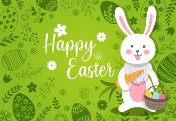 Happy Easter banner with draw white bunny and spring meadow green background. Vector illustration.