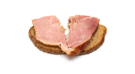 slice of bread with ham on a white background