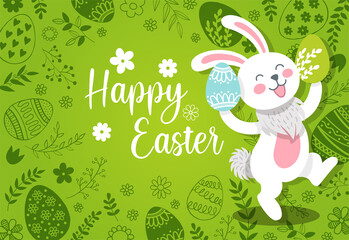 Happy Easter banner with draw white bunny and spring meadow green background. Vector illustration.