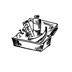 School breakfast. Lunch box, fruit, water and sandwiches. Vector doodle drawing.