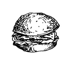 Burger with cheese and cutlet. Vector doodle drawing.