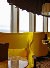 Italian style coffee shop cafe lounge bar onboard luxury cruiseship or cruise ship liner in classic...