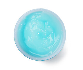blue moisturizing translucent cream in a plastic jar