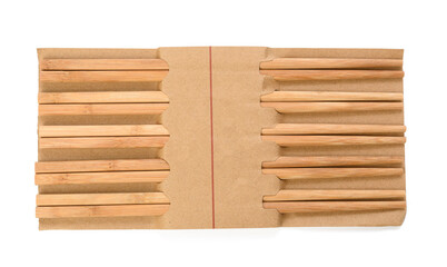pair of wooden chopsticks isolated on white background, objects are wrapped in paper