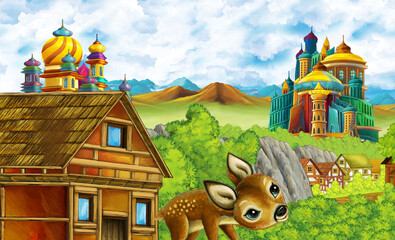 cartoon kingdom castle mountain forest farm illustration
