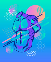 Colorful geometric background with sculpture male torso and Memphis style elements. Fluid composition with trendy gradients. Backdrop template for sport and beauty topic, vector illustration.