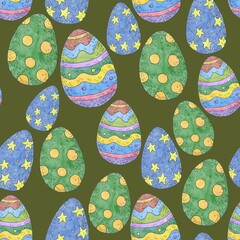 Seamless pattern. Easter eggs on a white background. Watercolor and ink. Illustration for the decor and design of posters, postcards, prints, stickers, invitations, textiles and stationery.