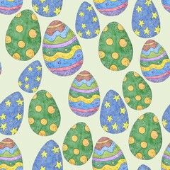 Seamless pattern. Easter eggs on a green background. Watercolor and ink. Illustration for the decor and design of posters, postcards, prints, stickers, invitations, textiles and stationery.