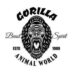Gorilla with angry grin vector emblem or t-shirt print in vintage monochrome style isolated on white background