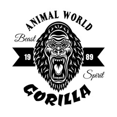 Gorilla head vector monochrome emblem, label, badge or logo isolated on white background