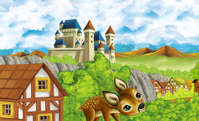 cartoon kingdom castle mountain forest farm illustration
