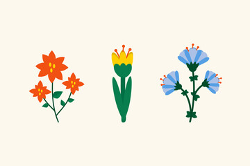 A collection of gardening flowers. Mini Multi-Colored Flower Set. Elements of plants for the garden. Vector illustration