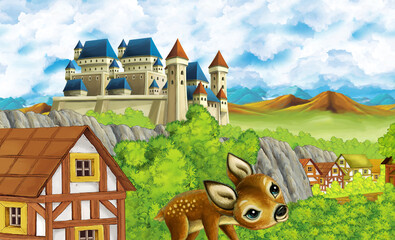 cartoon kingdom castle mountain forest farm illustration
