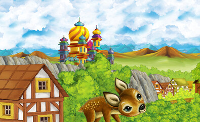 cartoon kingdom castle mountain forest farm illustration