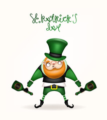 Happy St. Patrick's Day! Postcard, flyer, invitation. A character with a long red beard in a green cap posing on a light background. Cartoon funny leprechaun with bottles in his hands. Vector .