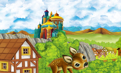 cartoon kingdom castle mountain forest farm illustration
